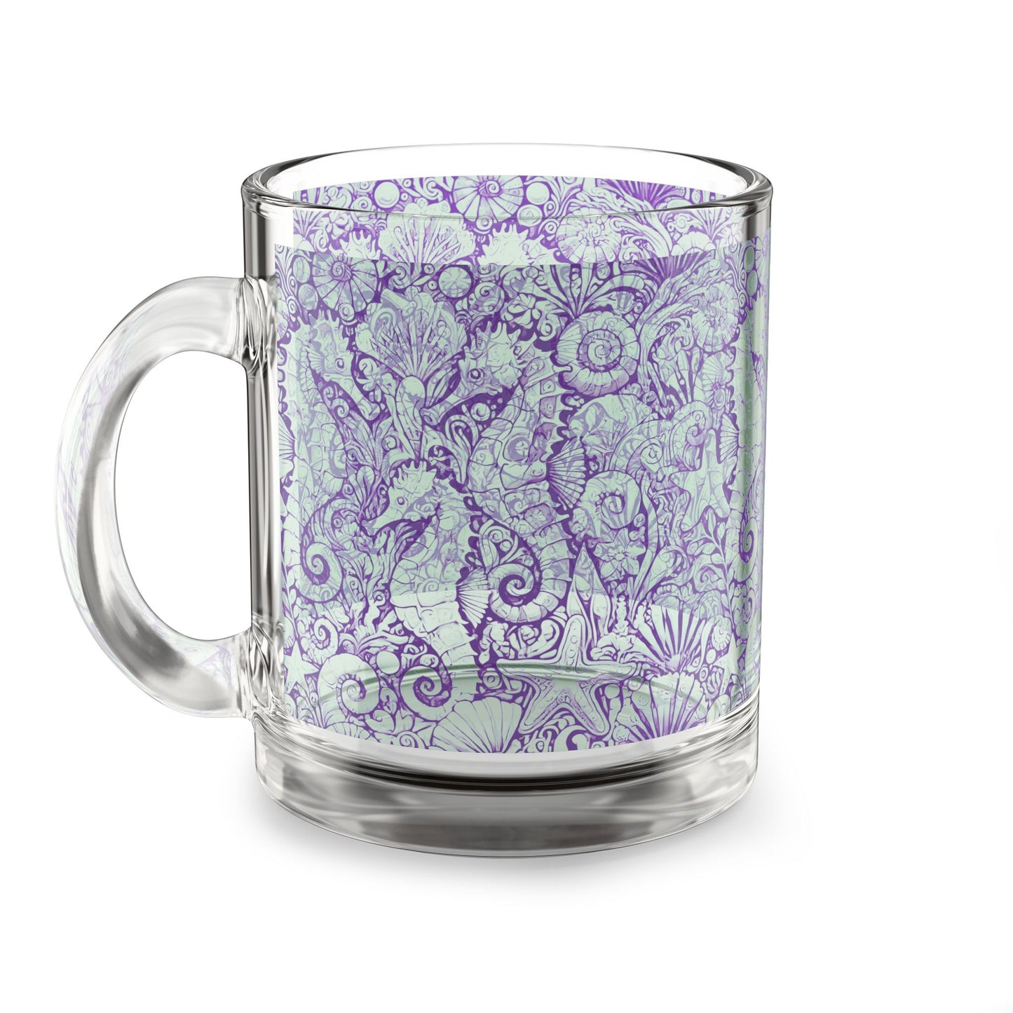 Tropical Glass Mug - 10oz Coffee Cup / Seahorses, Minty