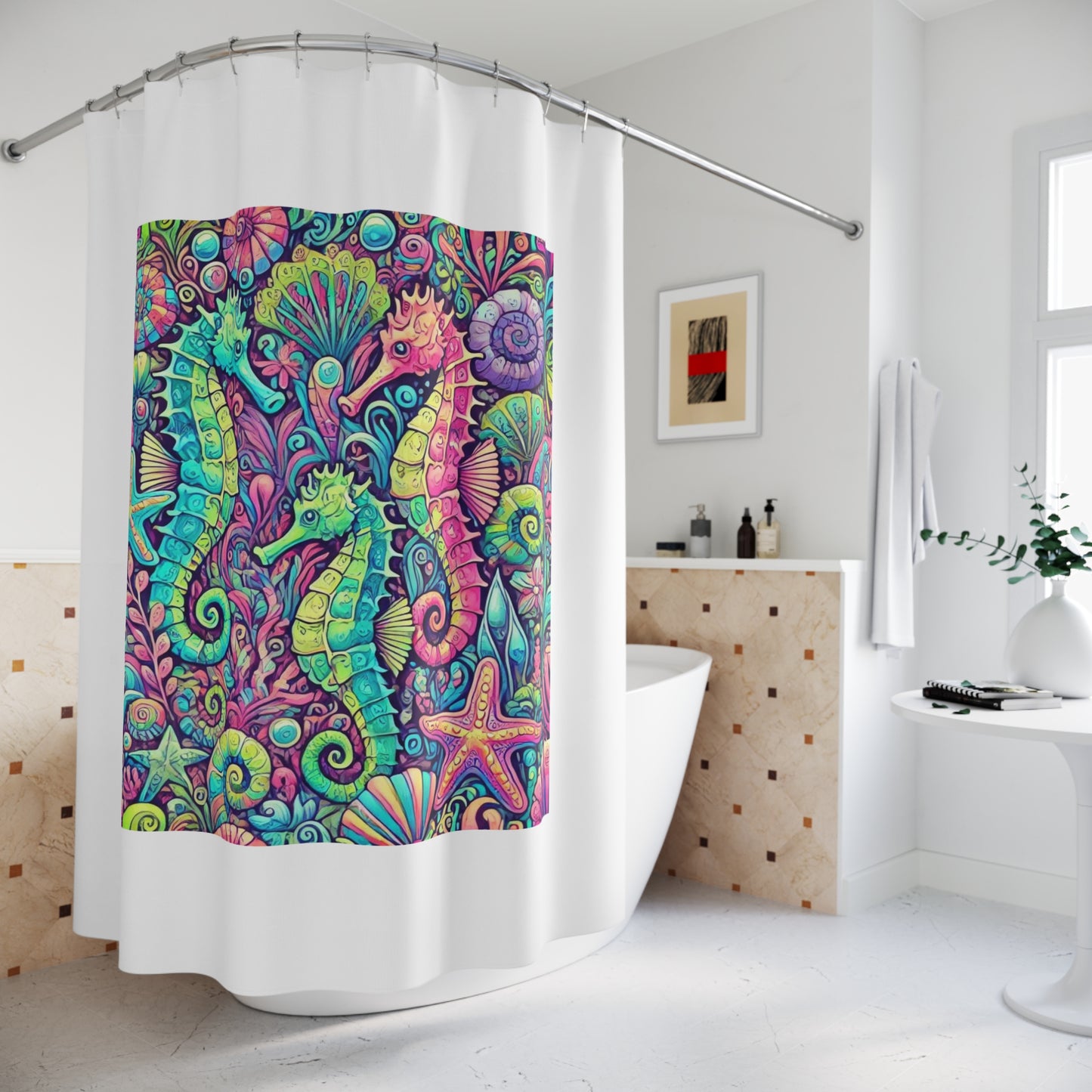 Tropical Shower Curtain - Rainforest Bathroom Decor / Seahorse Trio/White