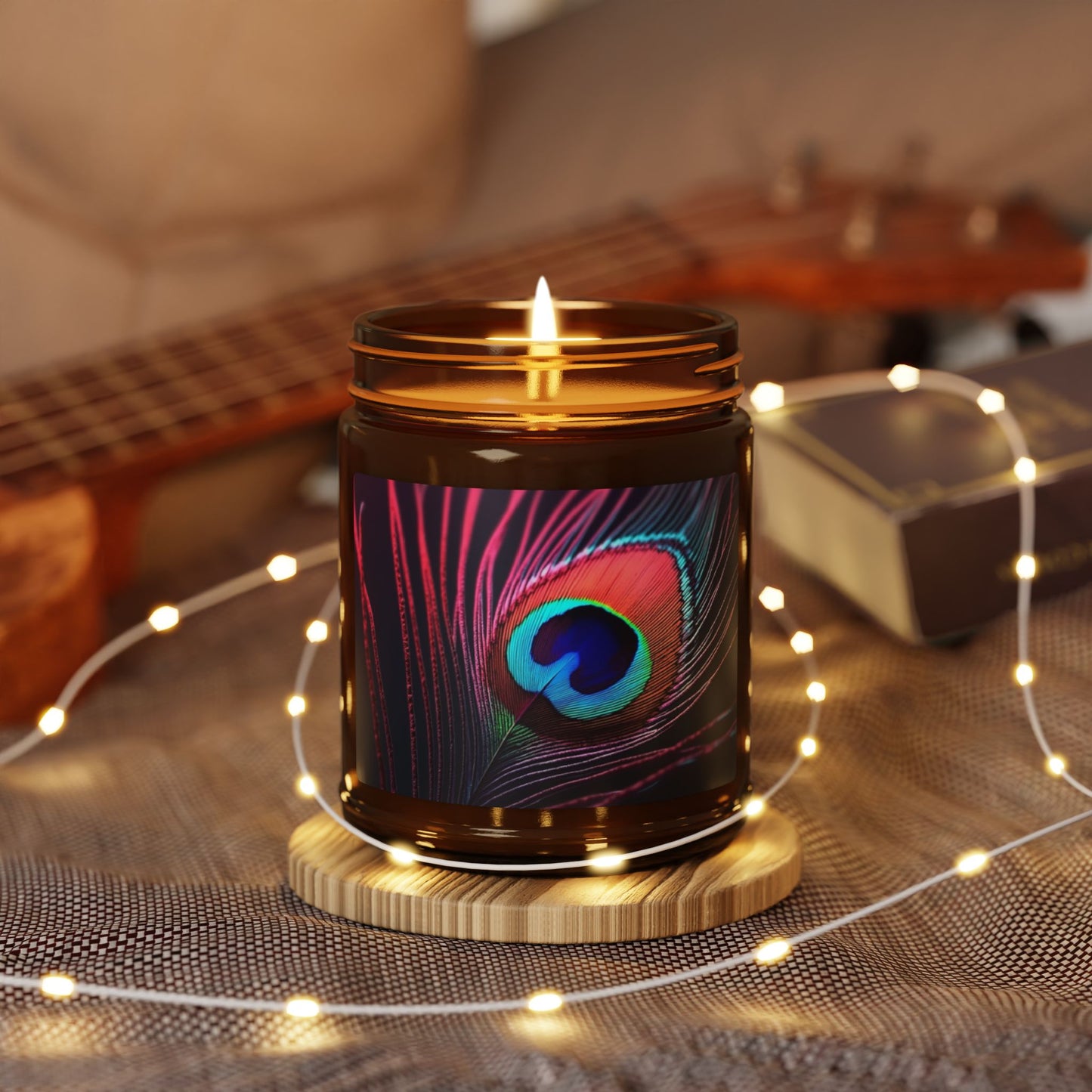 Soy Candle in Amber Jar - Multi-Size / Peacock Eye Feather, Magenta
