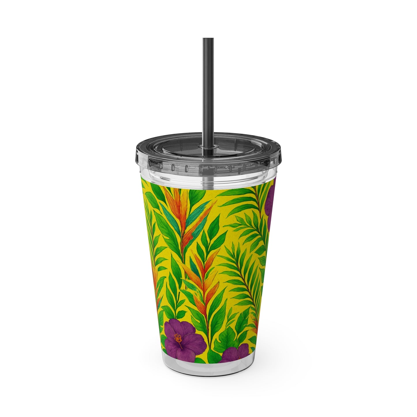 Tropical Tumbler with Straw | 16oz Colorful Travel Cup / Midnight Flower Yellow