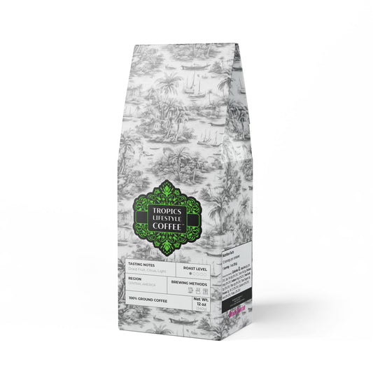 Beach Sunrise Blend™ (Light Roast) Specialty Grade Craft Coffee / Tropical Toile, Soft Black