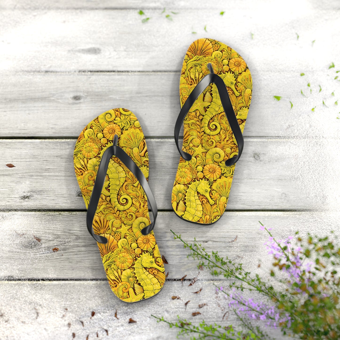 Flip Flops - Seahorses/Yellow