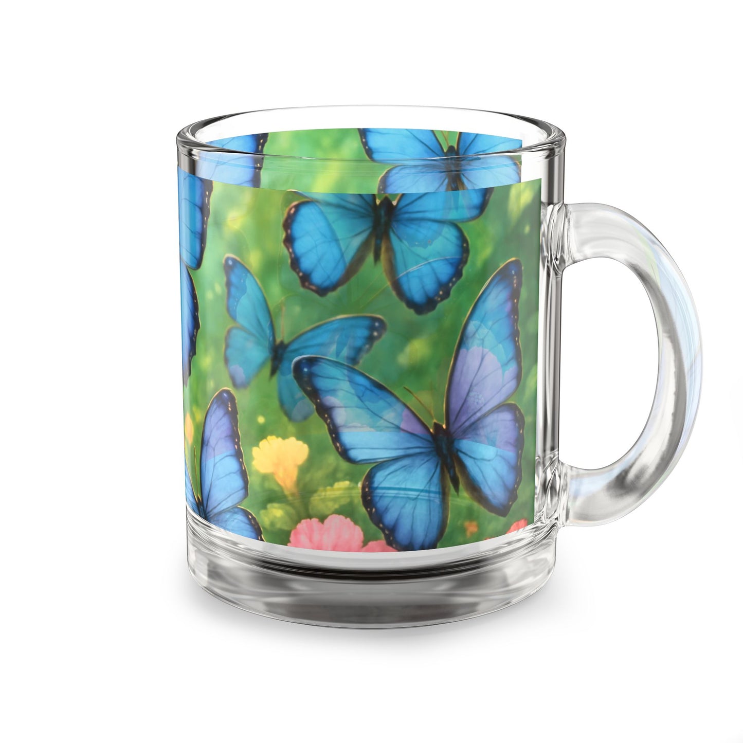 Tropical Glass Mug - 10oz Coffee Cup / Morpho Butterflies Flight