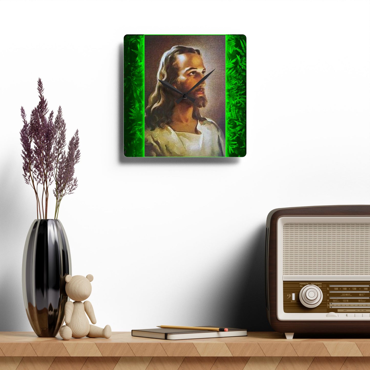 "Tropical Glow Head of Christ"  Acrylic Wall Clock - Elegant Religious Decor for Home and Office