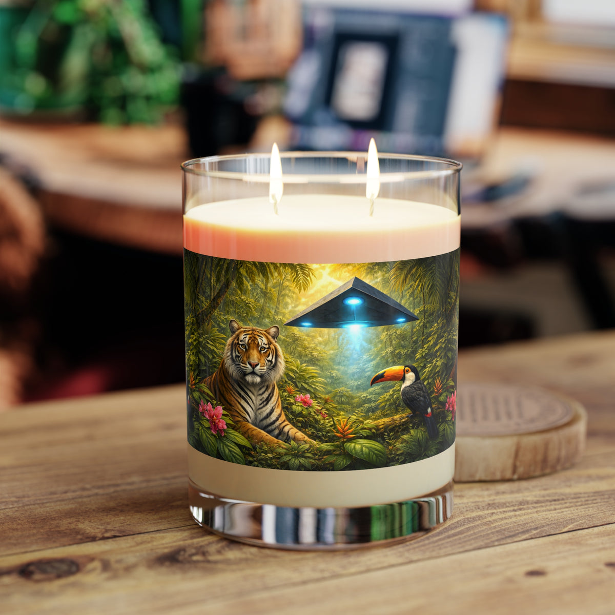 UFO, Toucan & Big Cat Scented Candle - 11oz Full Glass, Tropical Decor