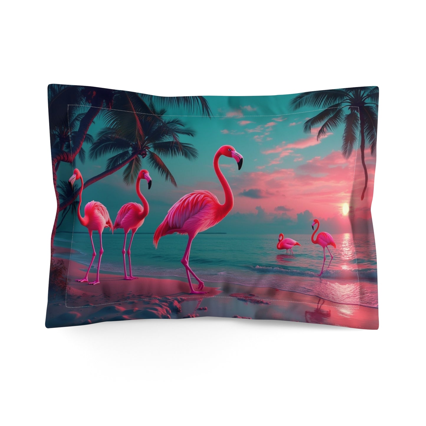 Microfiber Pillow Sham, 2 Sizes | Tropical Vibes for Relaxation / Neon Flamingos at Night
