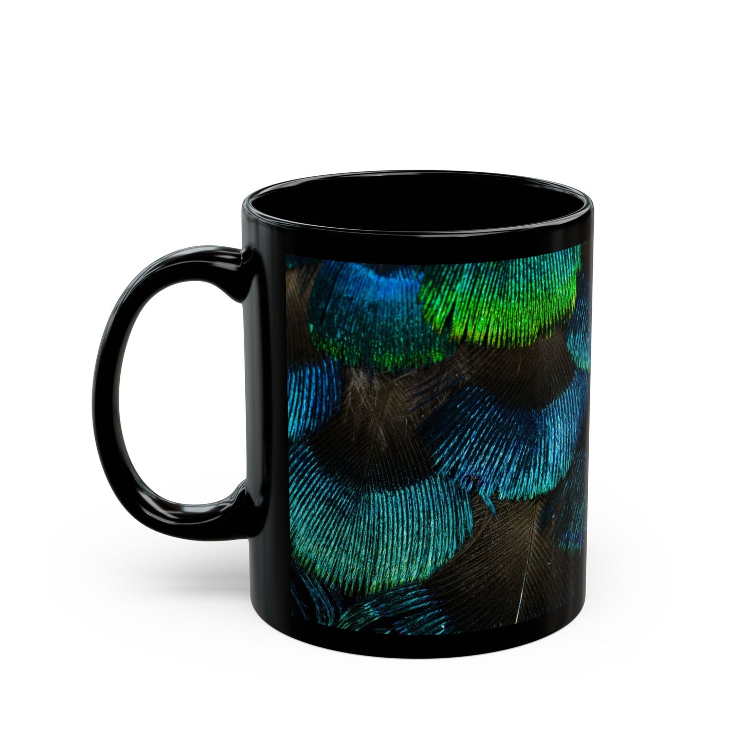 Vibrant Peacock Feathers Black Coffee Mug - Perfect for Nature Lovers