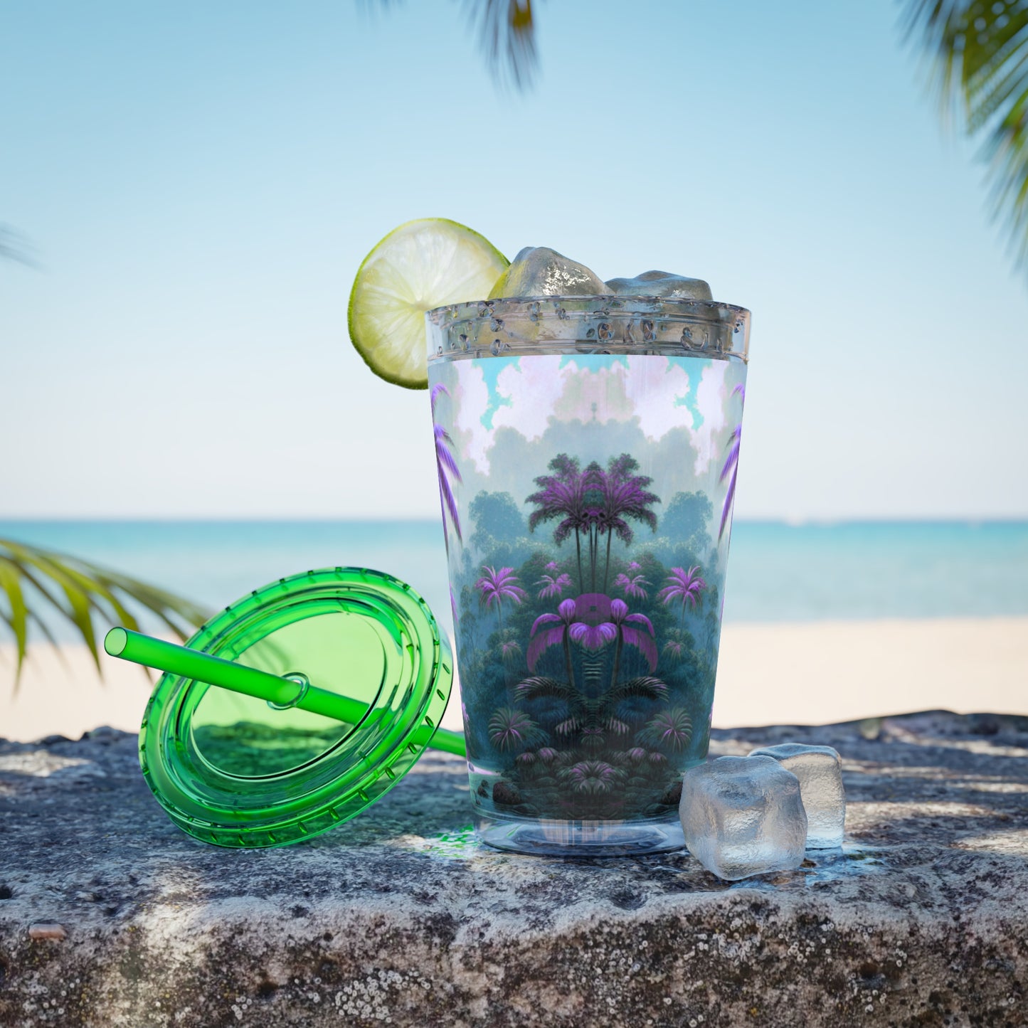 Tropical Tumbler with Straw | 16oz Colorful Travel Cup / Sleeping Parrot/Fantasy
