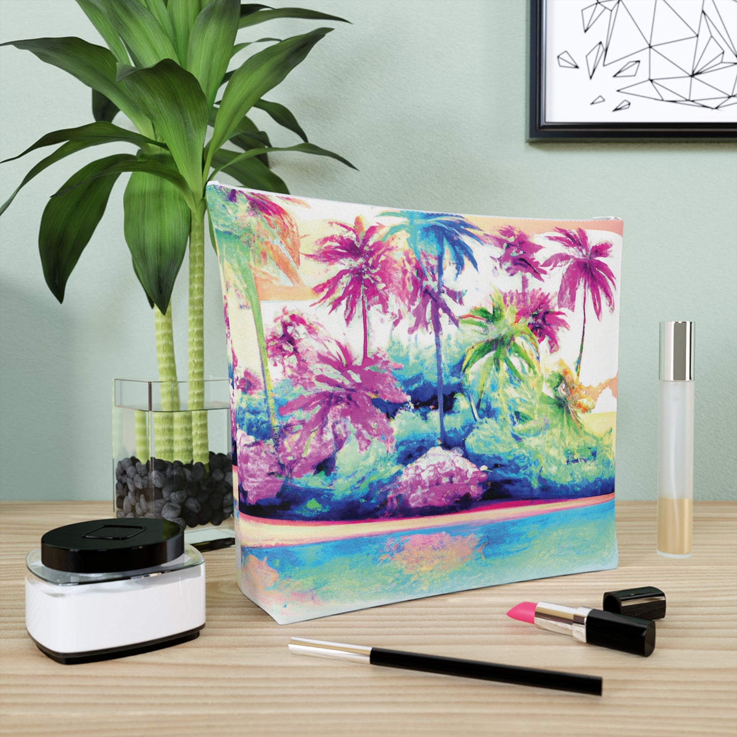 Tropical Cotton Cosmetic Bag, Makeup Pouch, 5 Sizes / Watercolor Beach