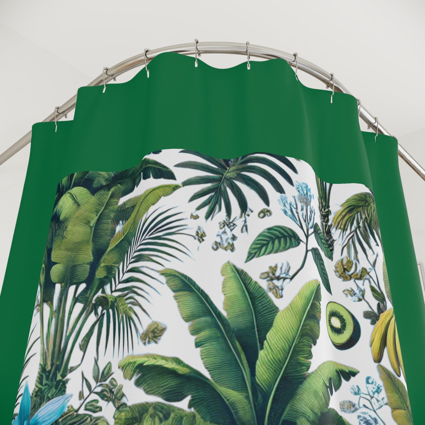 Palm Tree Shower Curtain - Ocean Bathroom Decor / Tropical Fruit/White, Dark Green