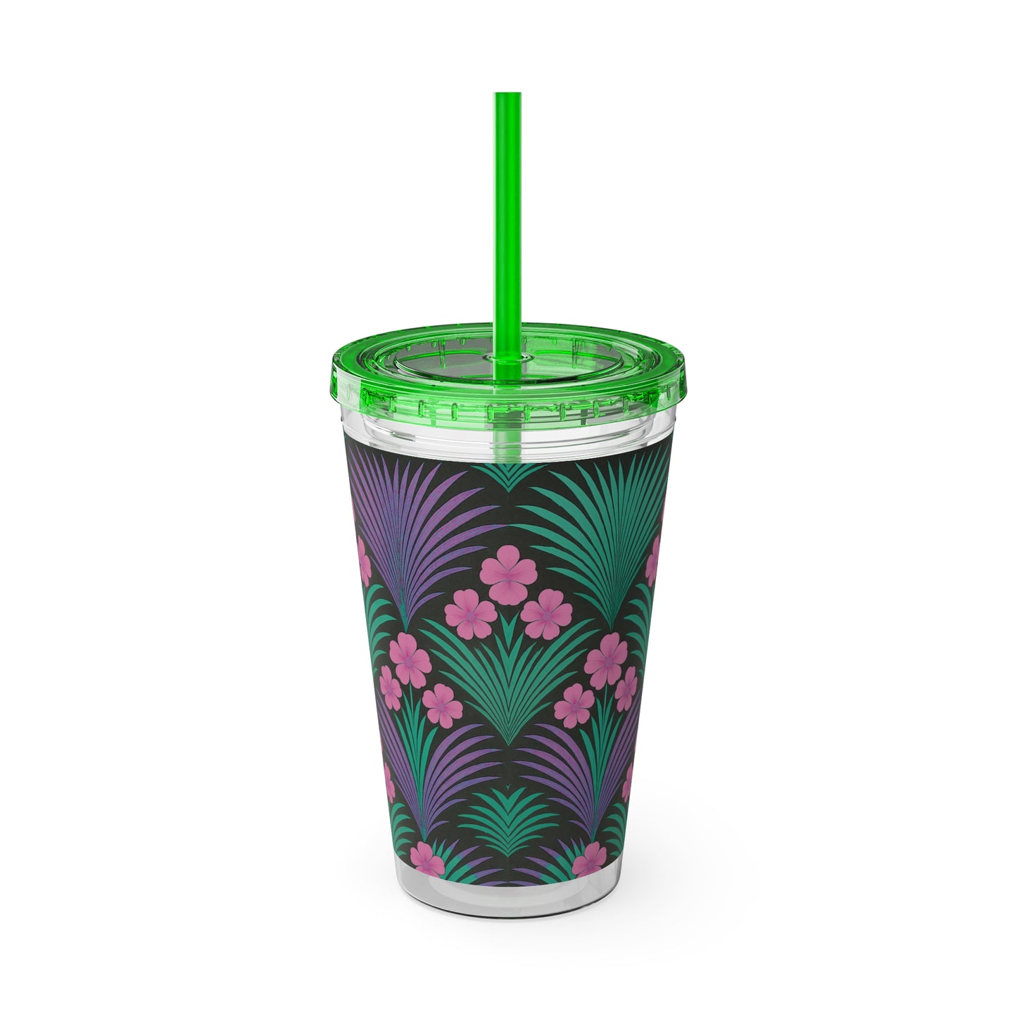 Tropical Tumbler with Straw | 16oz Colorful Travel Cup / Midnight Hibiscus Deco, Pink