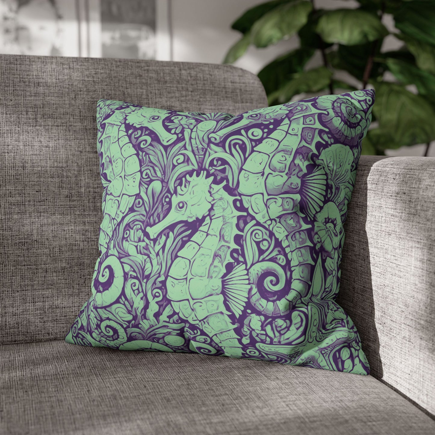 Faux Suede Square Pillowcase - Seahorse Trio, Minty