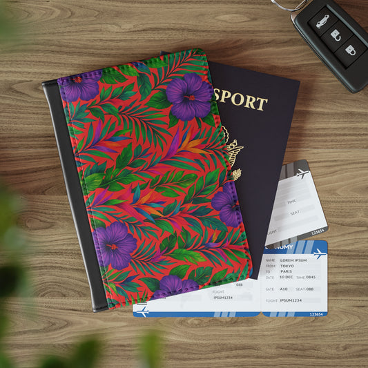 Tropical Passport Cover, Faux Leather - RFID blocking for travel security / Midnight Flower Coral
