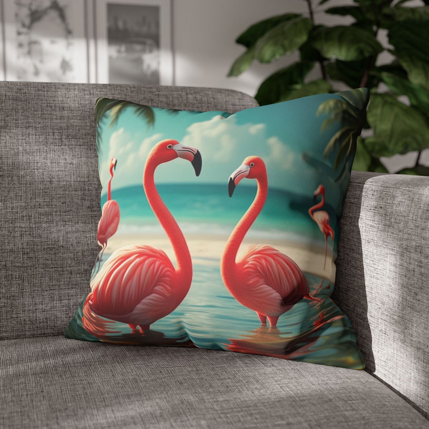 Faux Suede Square Pillowcase - Morning Dip Flamingos