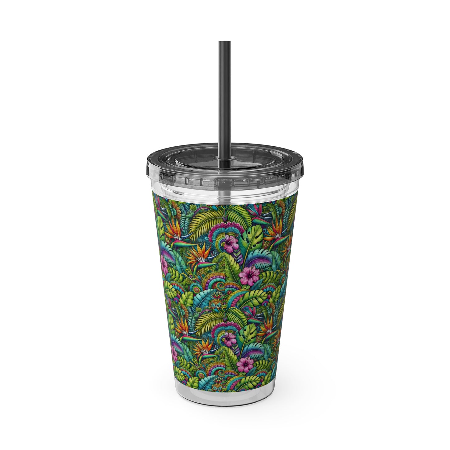 Tropical Tumbler with Straw | 16oz Colorful Travel Cup / Rainforest Blooms