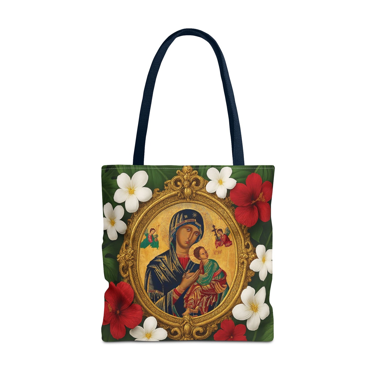 Religious Art Polyester Tote Bag, 3 Sizes / Our Lady of Perpetual Help, Red Flowers