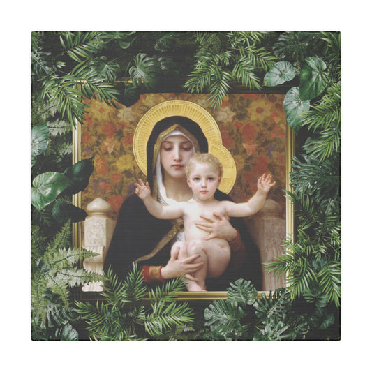 "Tropical Madonna of Lilies" Religious Canvas Artwork - Stretched Canvas Print / Virgin Mary & Jesus