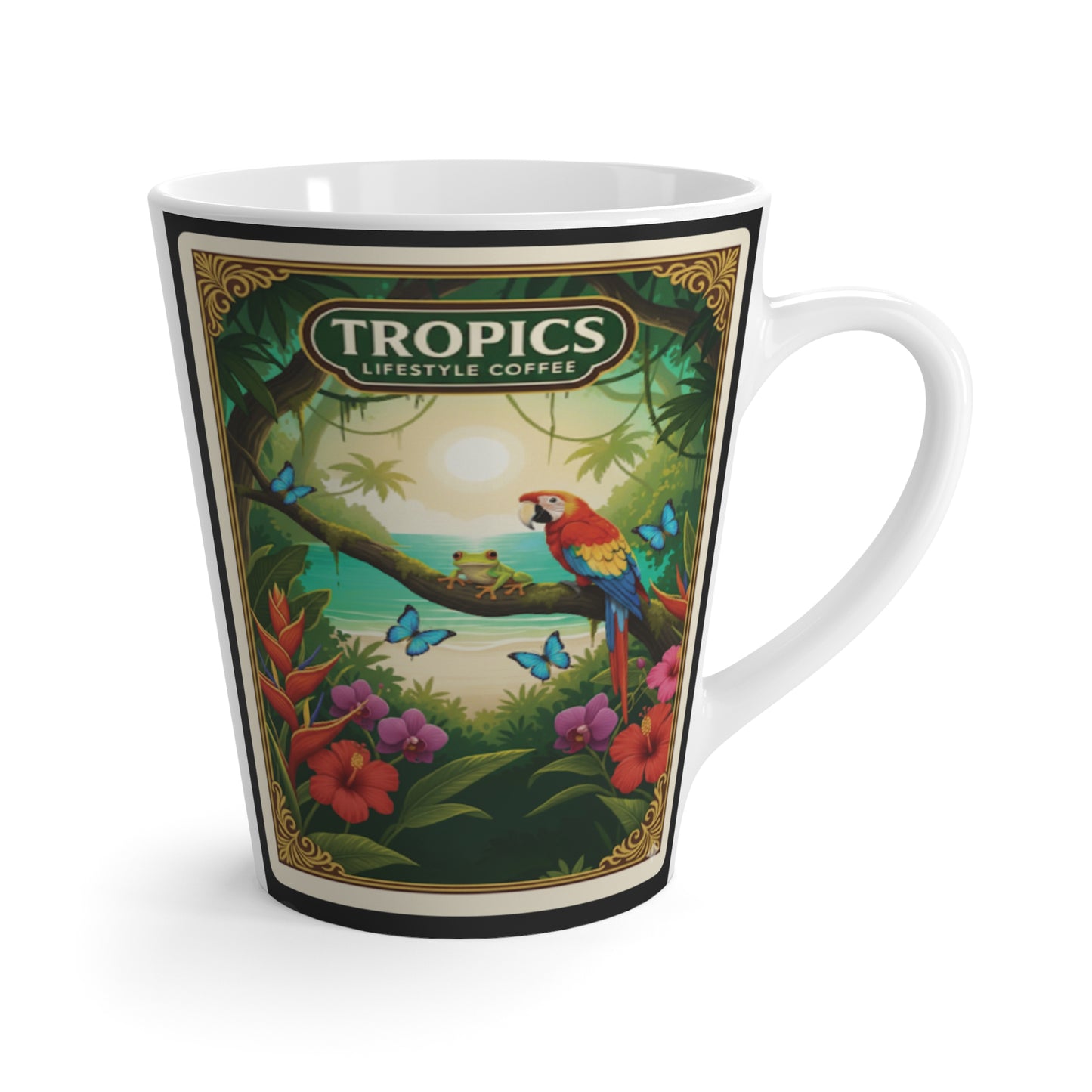 Latte White Mug - Parrot Beach Poster / TLCoffee Logo