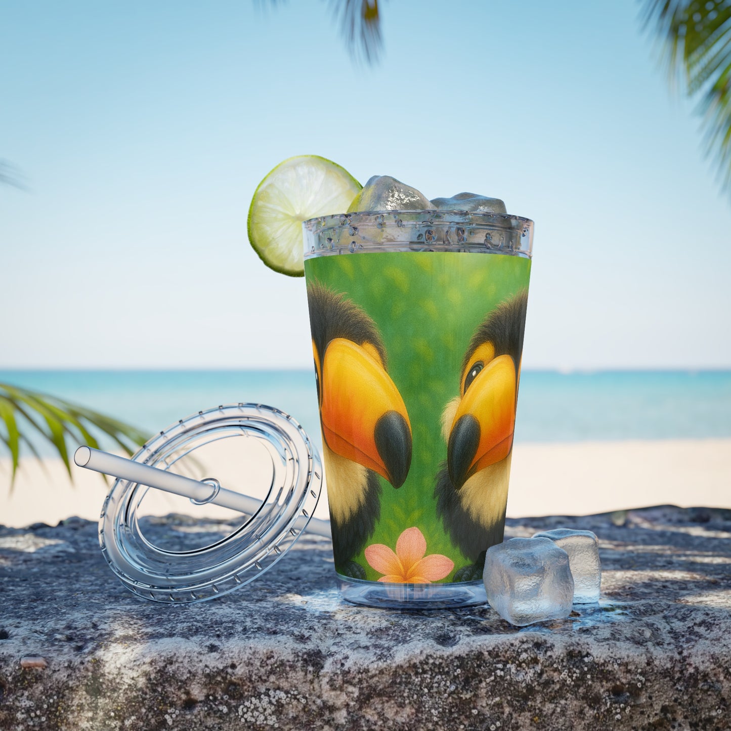 Tropical Tumbler with Straw | 16oz Colorful Travel Cup / Baby Toucans