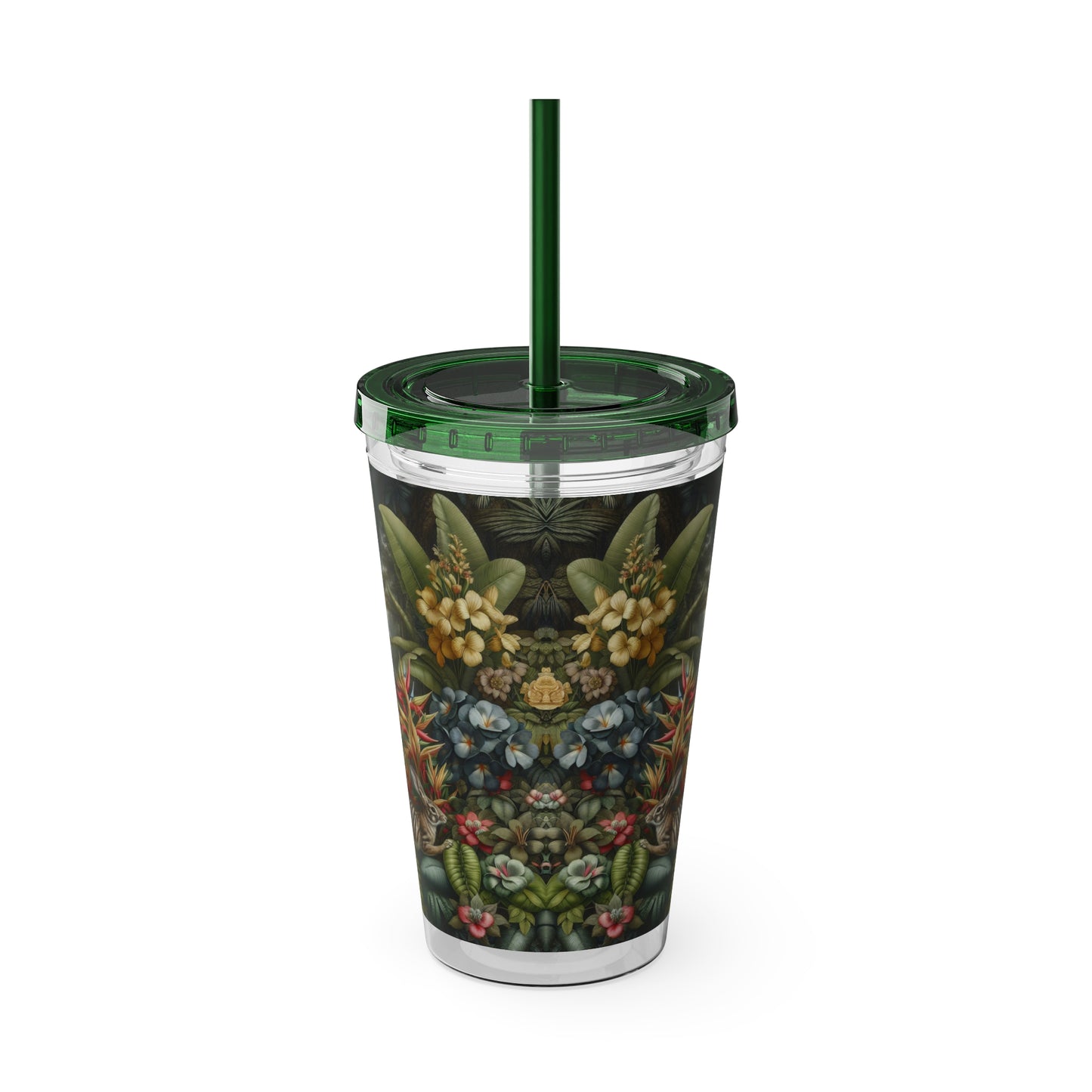 Tropical Tumbler with Straw | 16oz Colorful Travel Cup / Rainforest Rabbit Outing