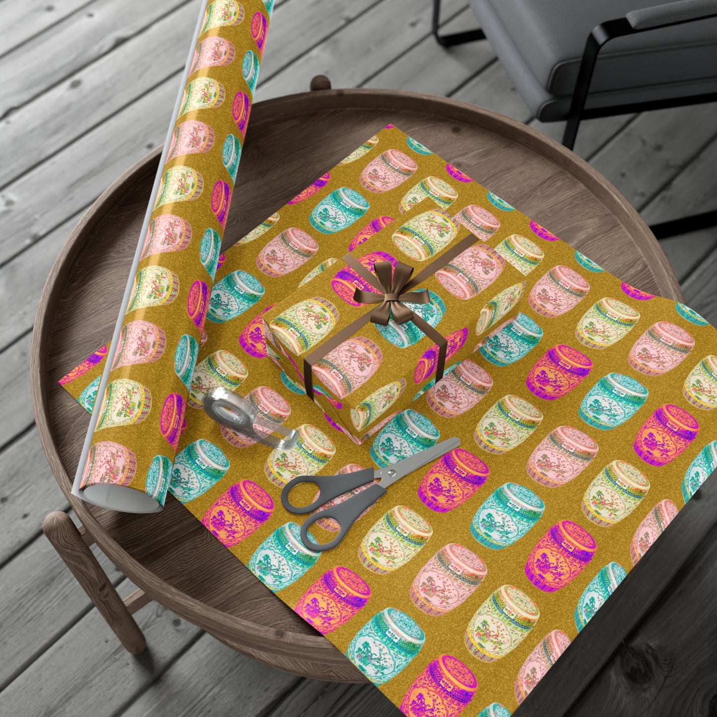 Wrapping Paper - Tropical Gift Wrap for All Occasions / 3 Sizes, 2 Finishes /Pop Art Porcelain Stools, Gold