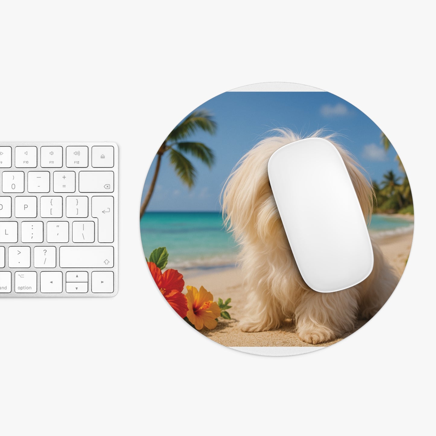 Tropical Mouse Pad, 2 Shapes - Fun Vibes for Home Office & Gamer / Puppy Ariel on the Beach