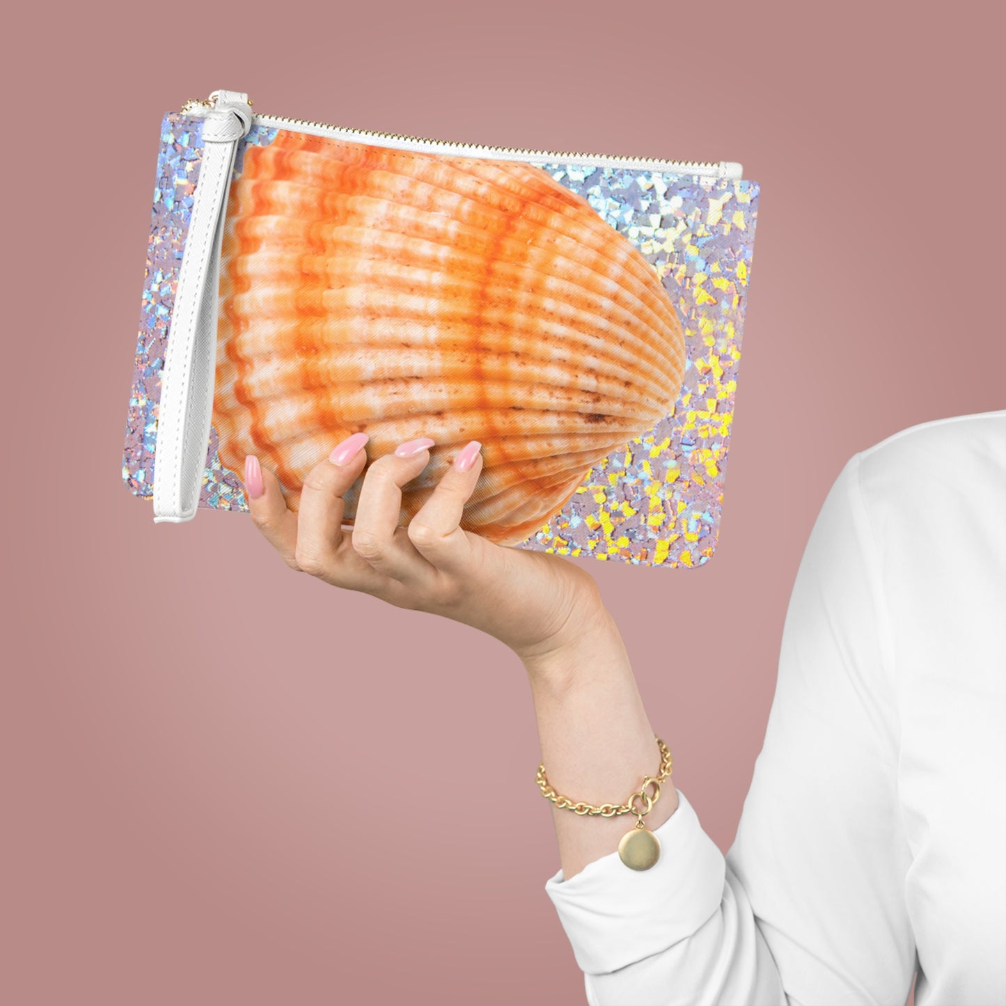 Tropical Faux Leather Clutch Bag - Perfect for Beach Adventures & Summer Vacations / Disco Orange Scallop Shell