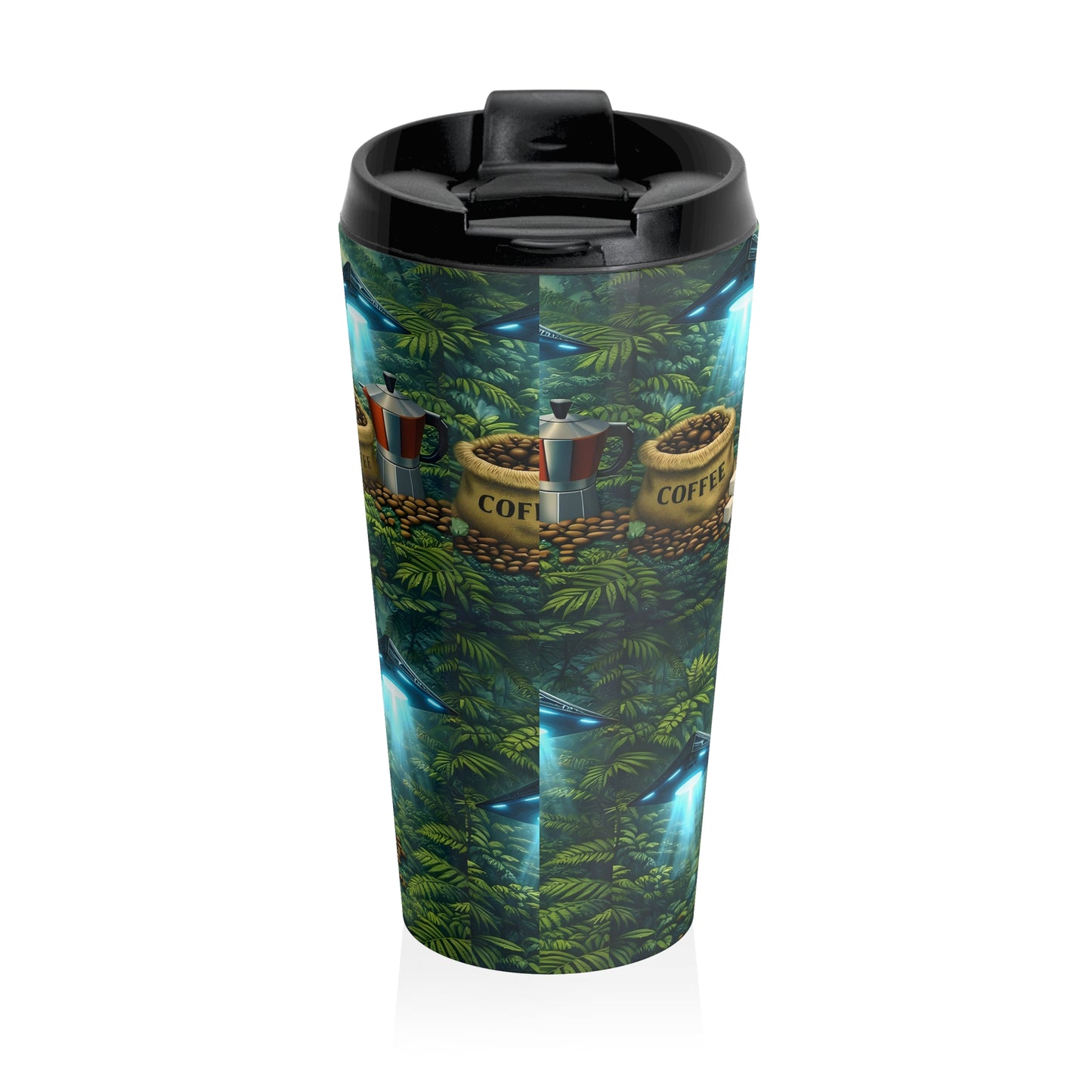Stainless Steel Travel Mug, 15 oz. — UFO, Coffee Beans & Rainforest Design