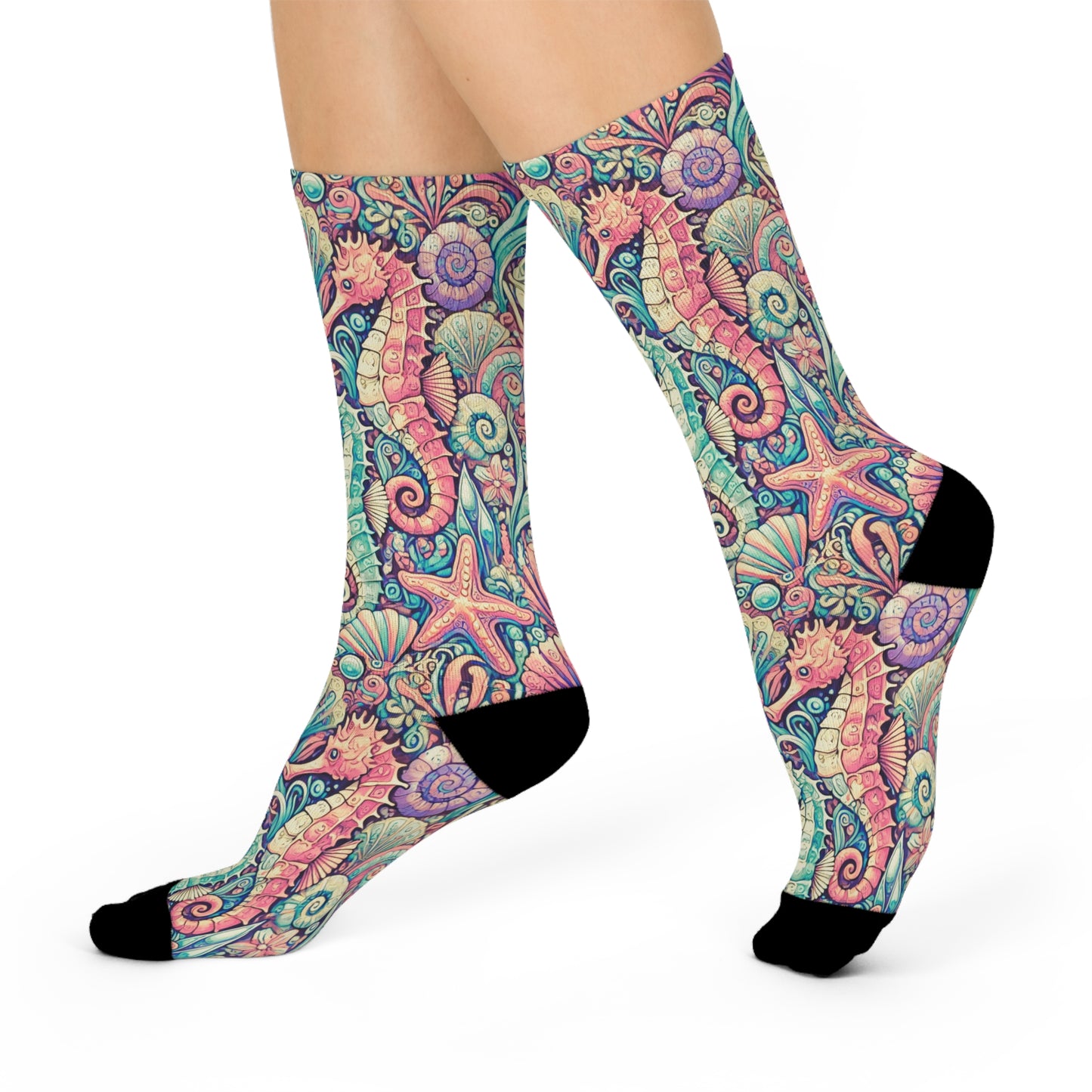 Cushioned Crew Socks - Seahorses, Retro