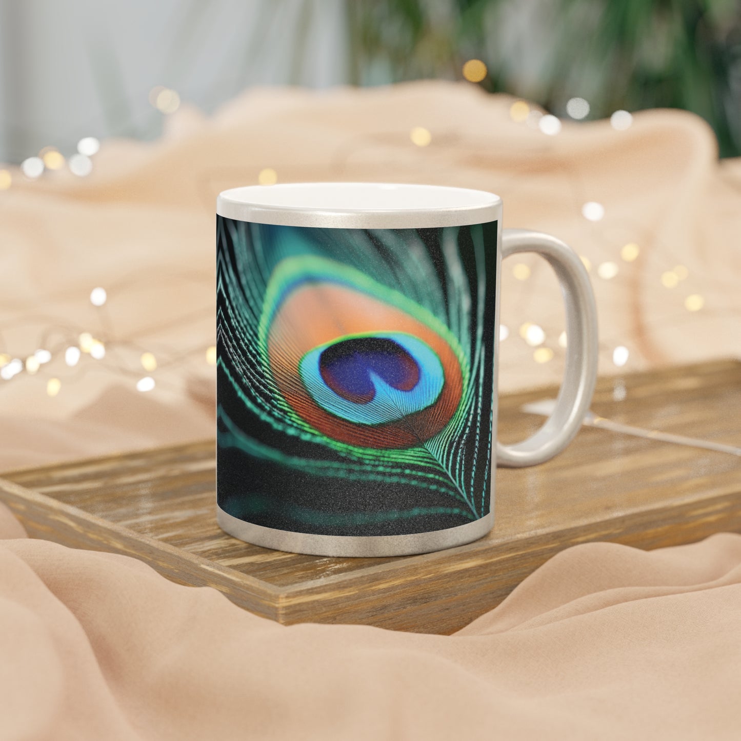 Tropical Metallic Mug, Gold or Silver: Peacock Eye Feather