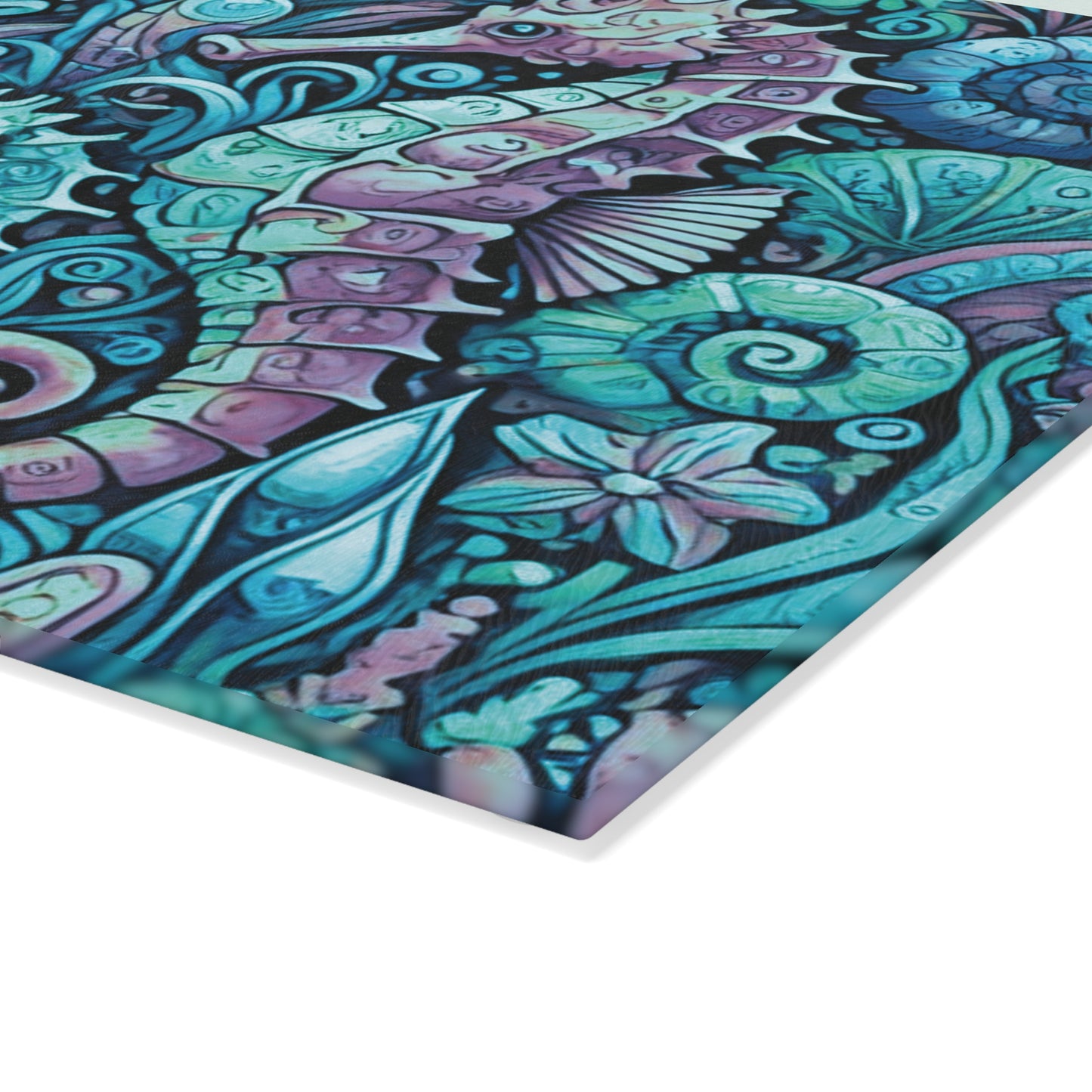 Glass Cutting Board, 2 sizes - Seahorses/Turquoise