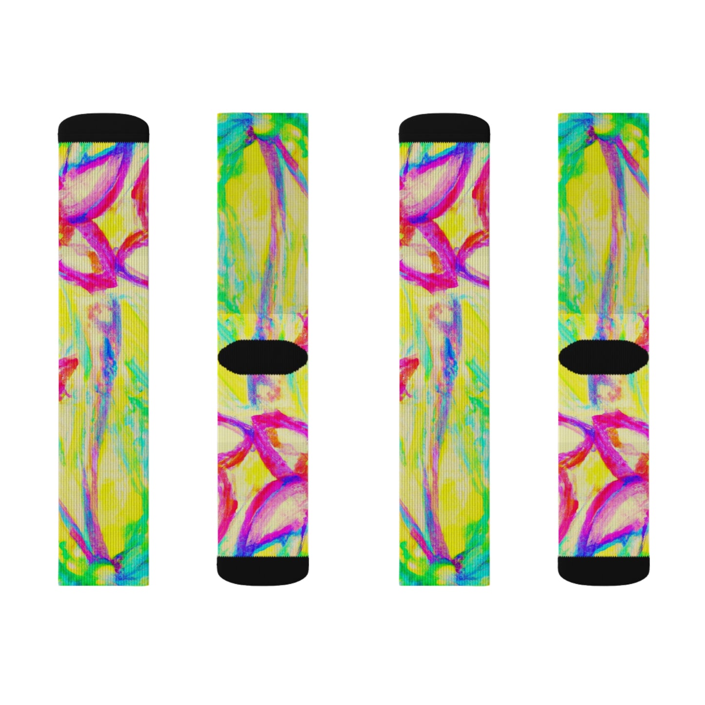 Yellow Tropical Doodles Sublimation Fleece-Lined Socks - Colorful Palm Tree/Flower Design