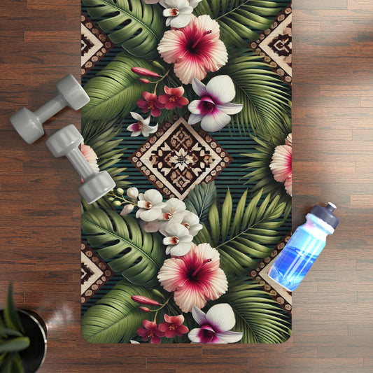 Tropical Paradise Rubber Yoga Mat, 24" x 70"  - Non-Slip with Beach Print / Tiki Orchids