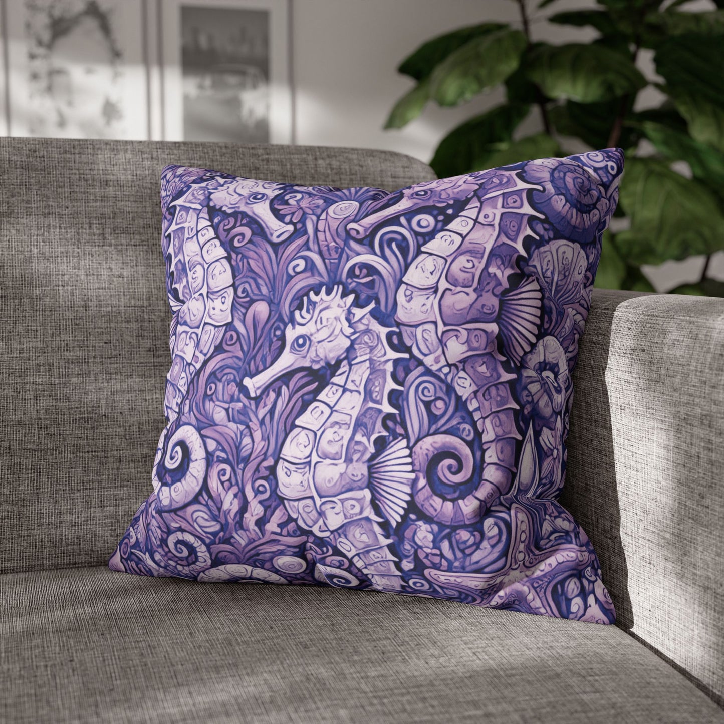 Faux Suede Square Pillowcase - Seahorse Trio, Amethyst
