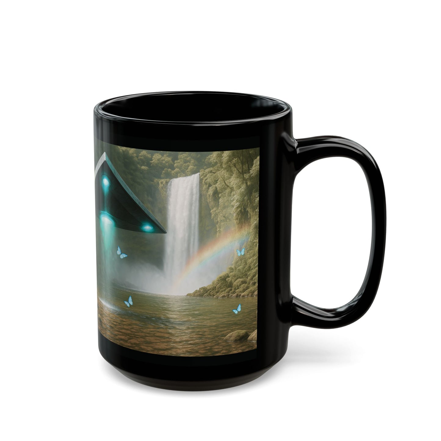 Black Coffee Mug - UFO and Waterfall