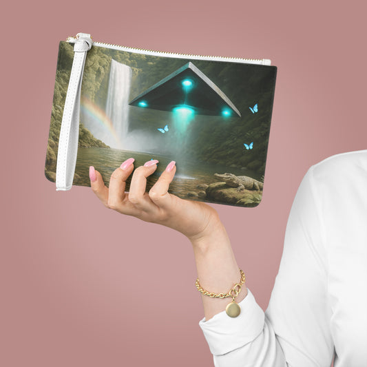 Tropical Faux Leather Clutch Bag - Perfect for Beach Adventures & Summer Vacations / UFO and Waterfall