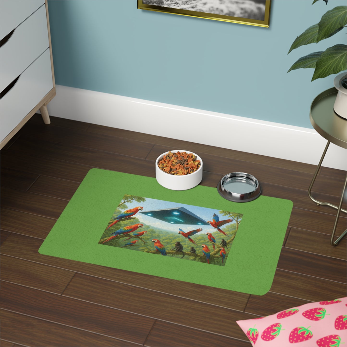 Pet Food Mat (12x18) - UFO and Macaws