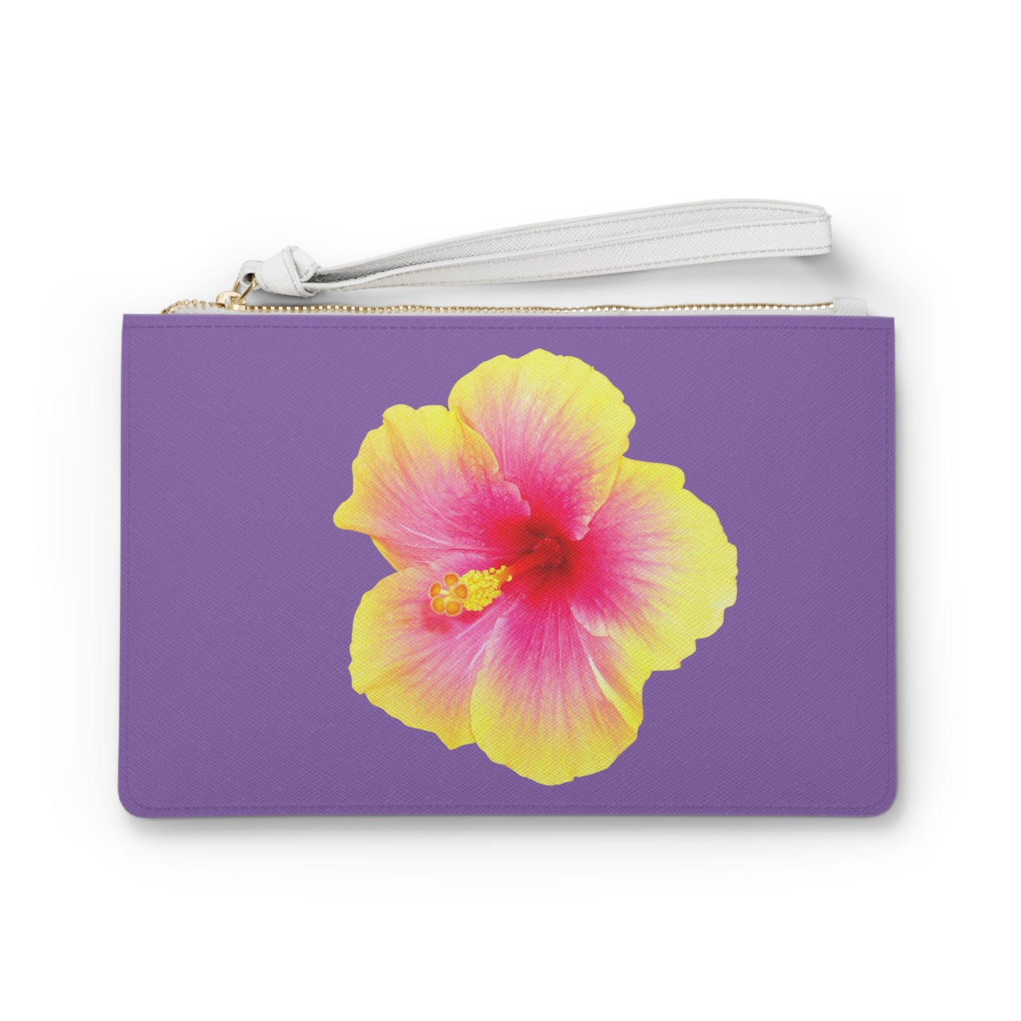 Tropical Faux Leather Clutch Bag - Perfect for Beach Adventures & Summer Vacations / Photo Yellow Hibiscus, Lt. Purple