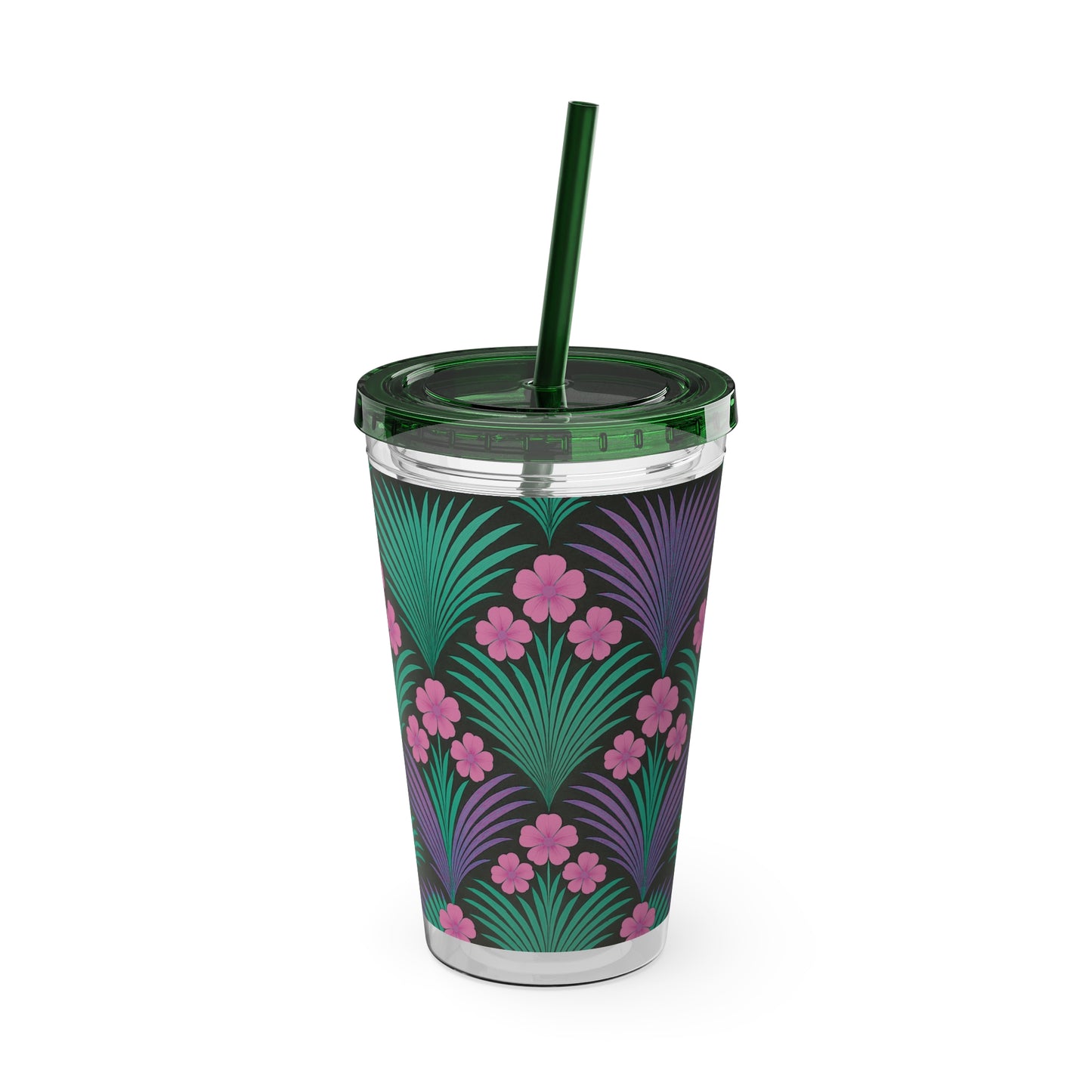 Tropical Tumbler with Straw | 16oz Colorful Travel Cup / Midnight Hibiscus Deco, Pink