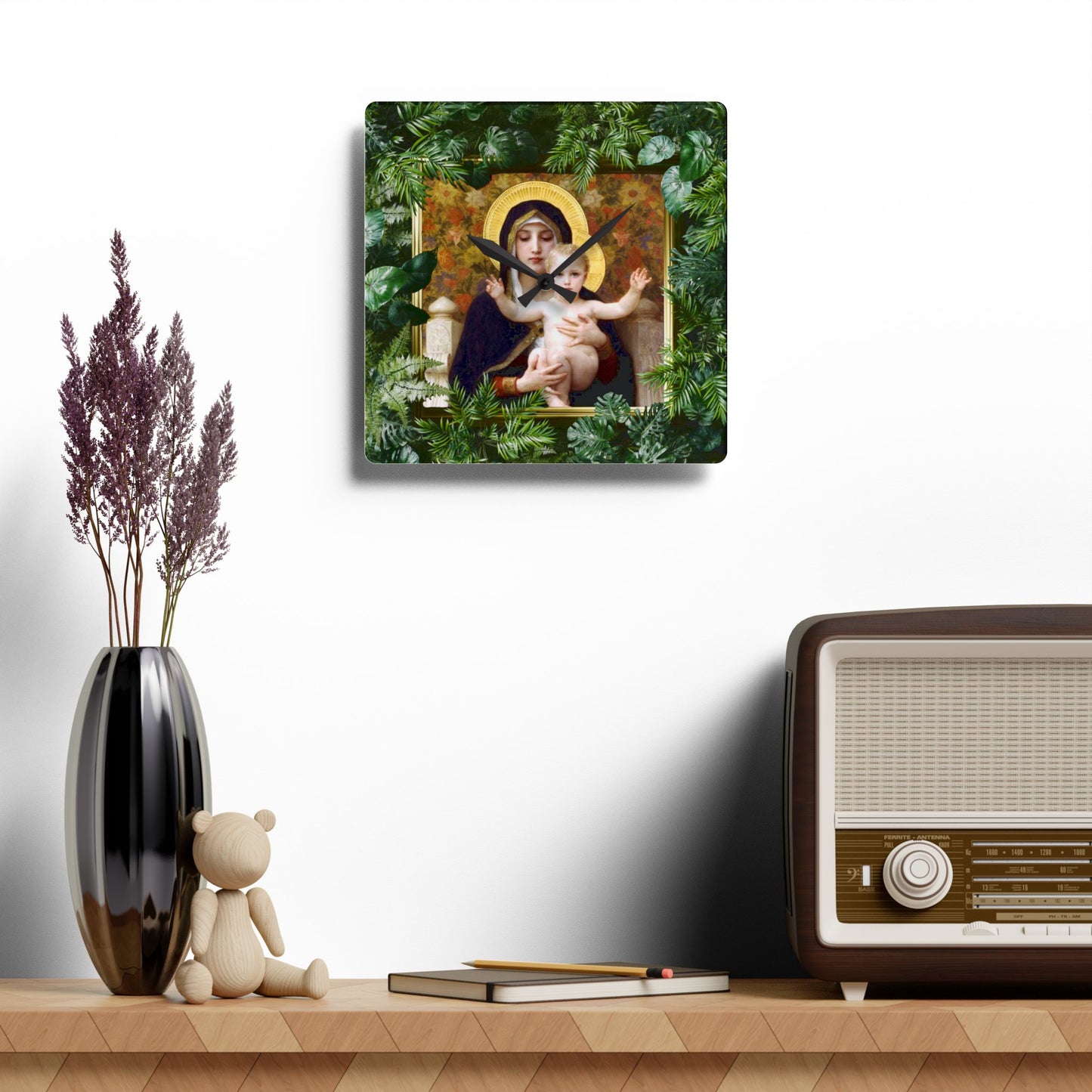 "Tropical Rainforest Madonna of Lilies" Acrylic Wall Clock - Elegant Religious Decor for Home and Office