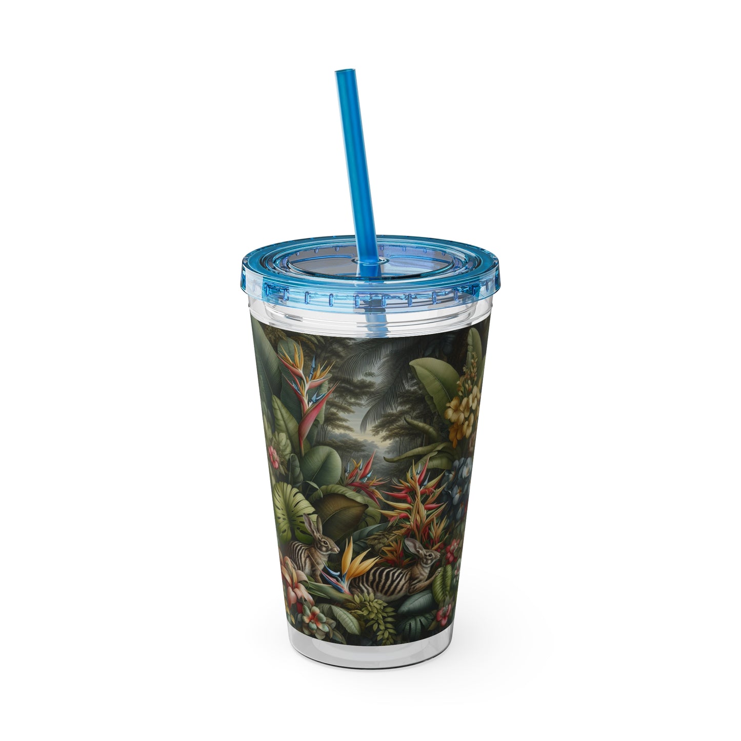 Tropical Tumbler with Straw | 16oz Colorful Travel Cup / Rainforest Rabbit Outing