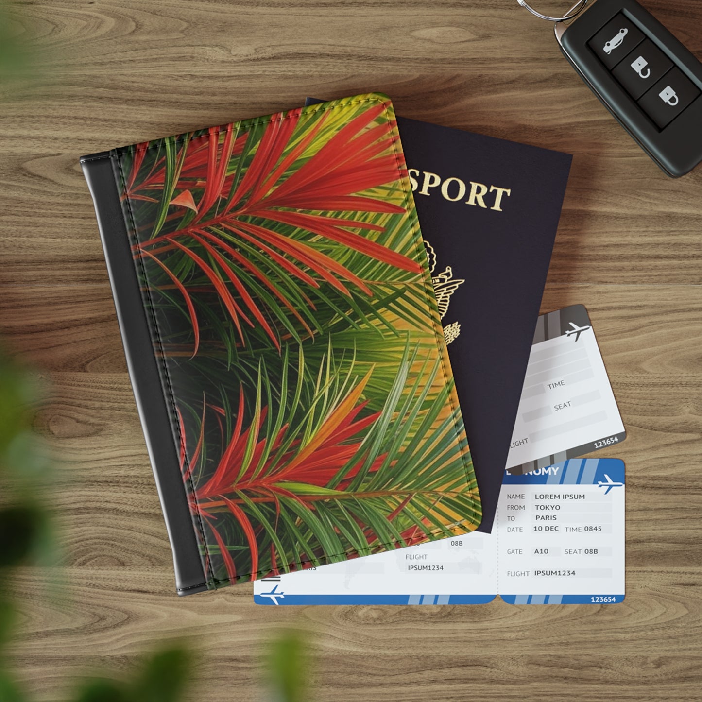 Tropical Passport Cover, Faux Leather - RFID blocking for travel security / Red Flame Palm