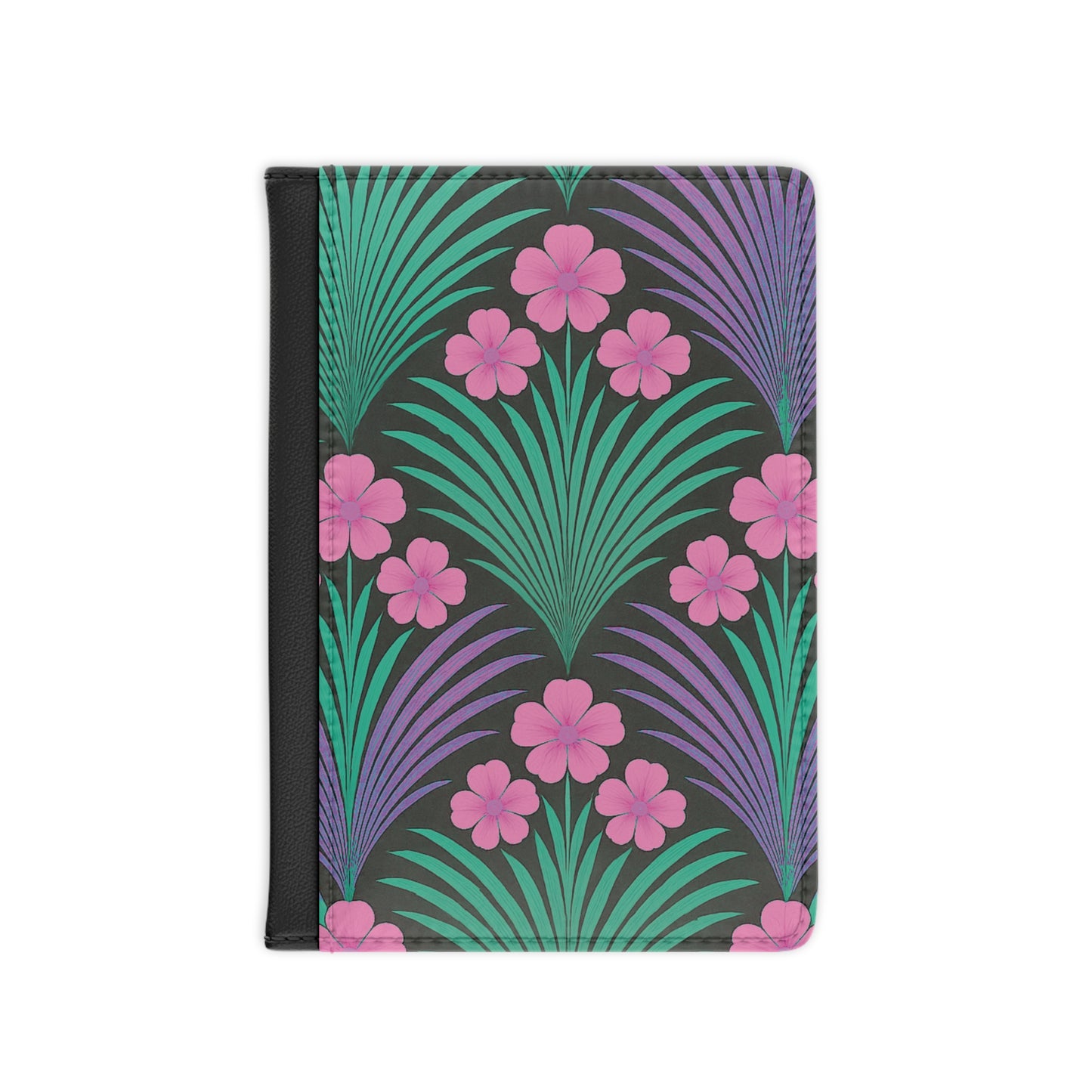 Tropical Passport Cover, Faux Leather - RFID blocking for travel security / Midnight Hibiscus Deco/Pink