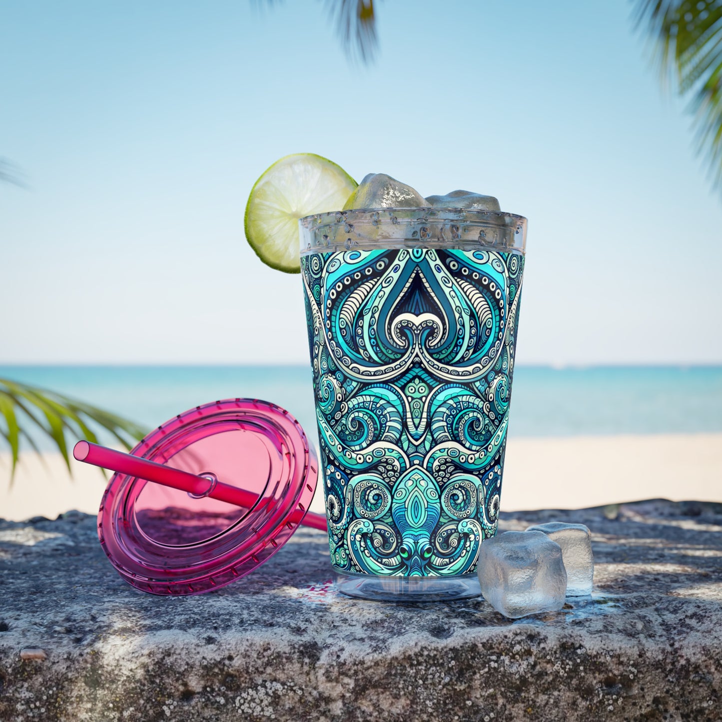 Tropical Tumbler with Straw | 16oz Colorful Travel Cup / Aqua Octopus