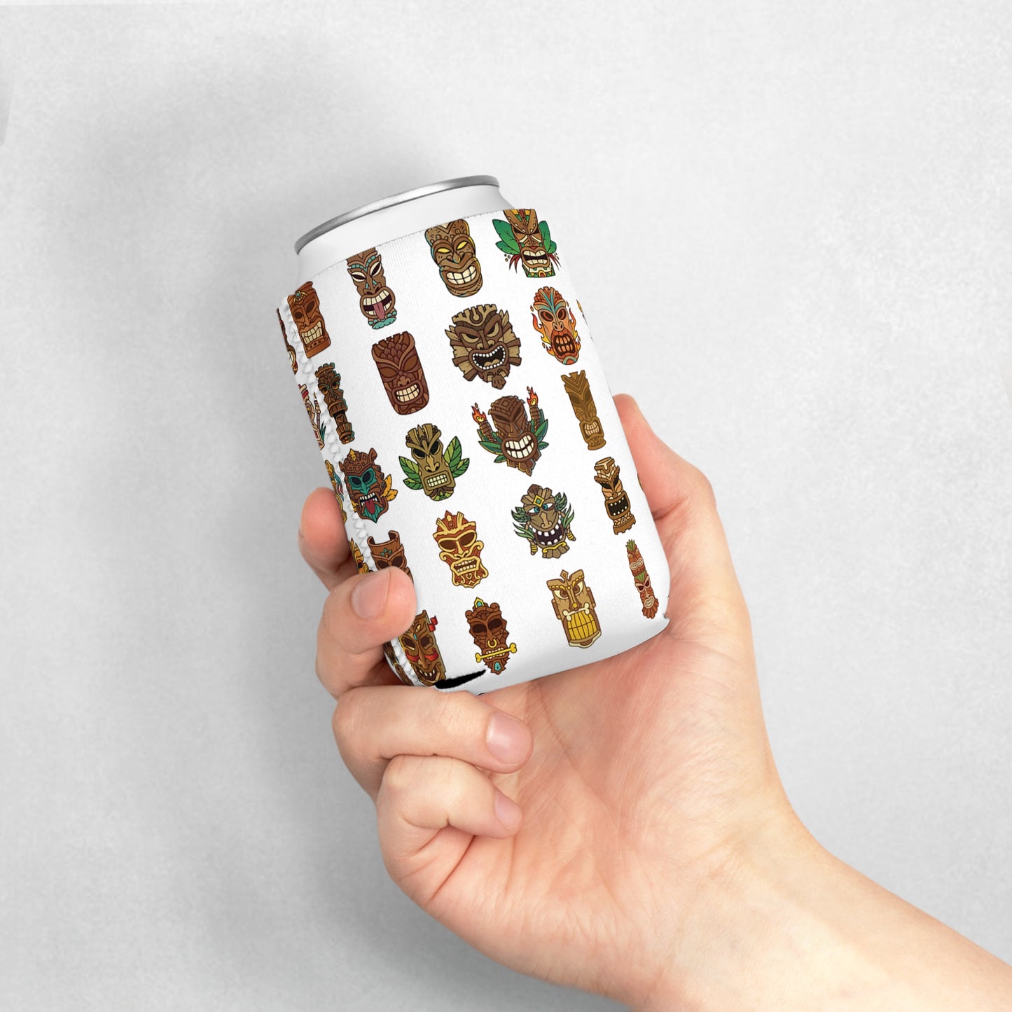 Tiny Tiki Dudes/White Can Cooler Sleeve - Perfect for Outdoor Picnics