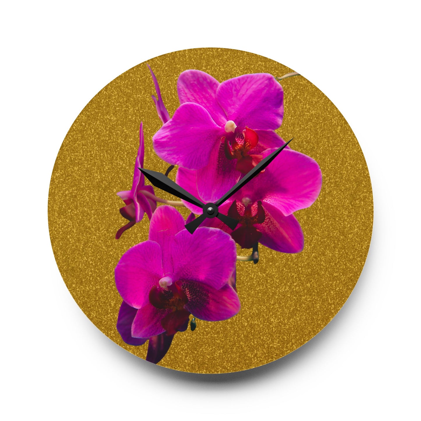 Acrylic Wall Clock - Purple Orchids/Gold, Various Sizes