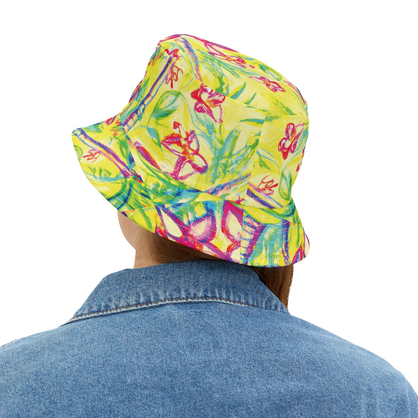 Tropical Polyester Bucket Hat, 2 Sizes - Tropical Doodles/Yellow