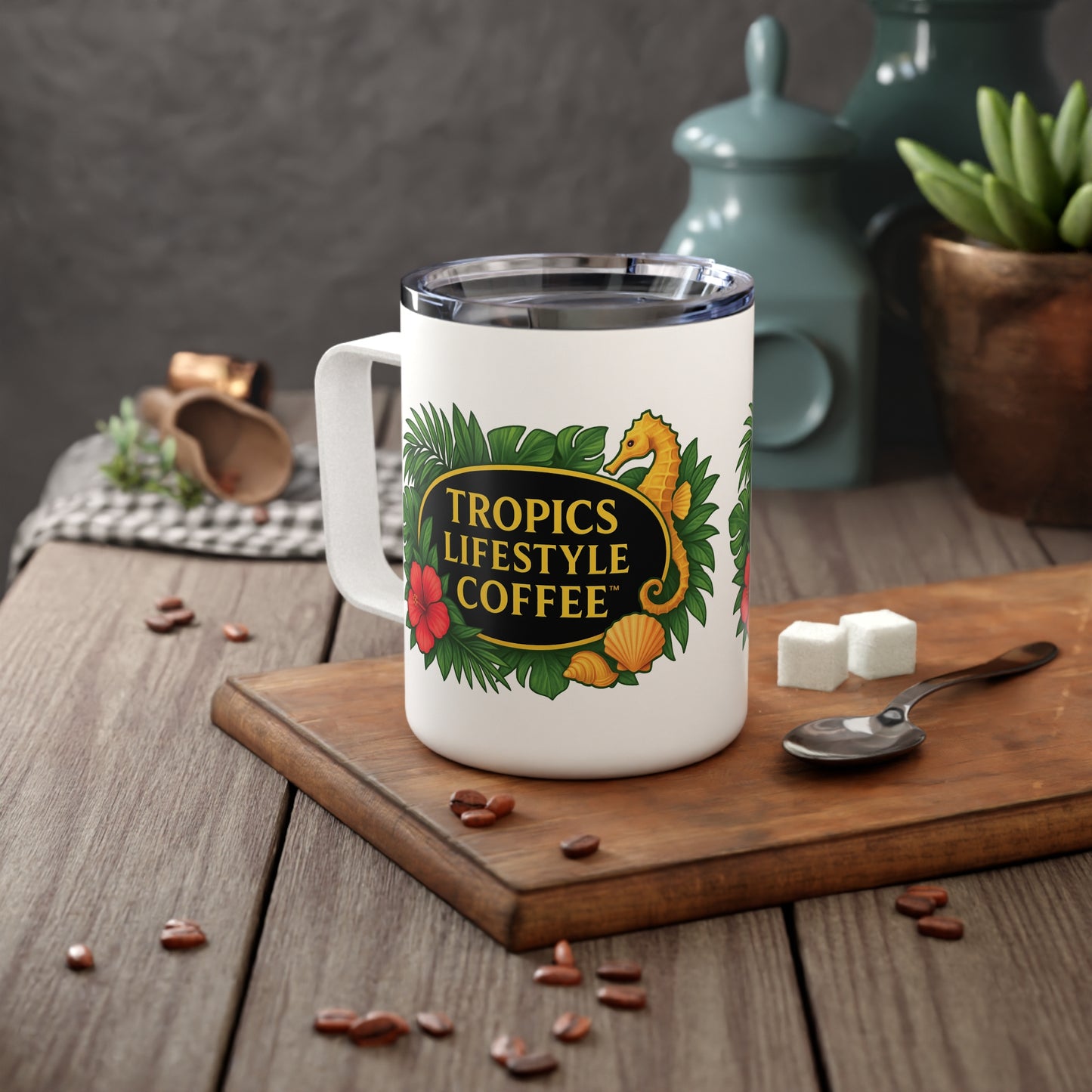 Tropical Insulated Coffee Mug, 10oz / TLC Seahorse Logo