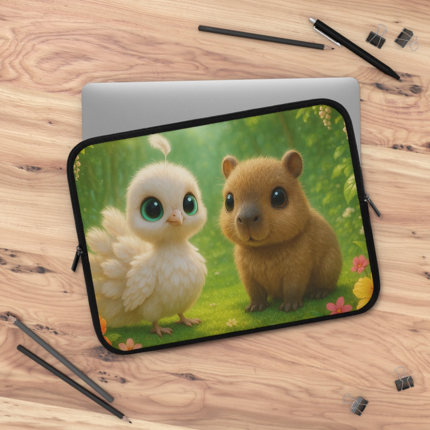 Tropical Laptop Sleeve, 5 Sizes - Perfect for Beach Lovers & Students / Baby White Peacock and Baby Capybara