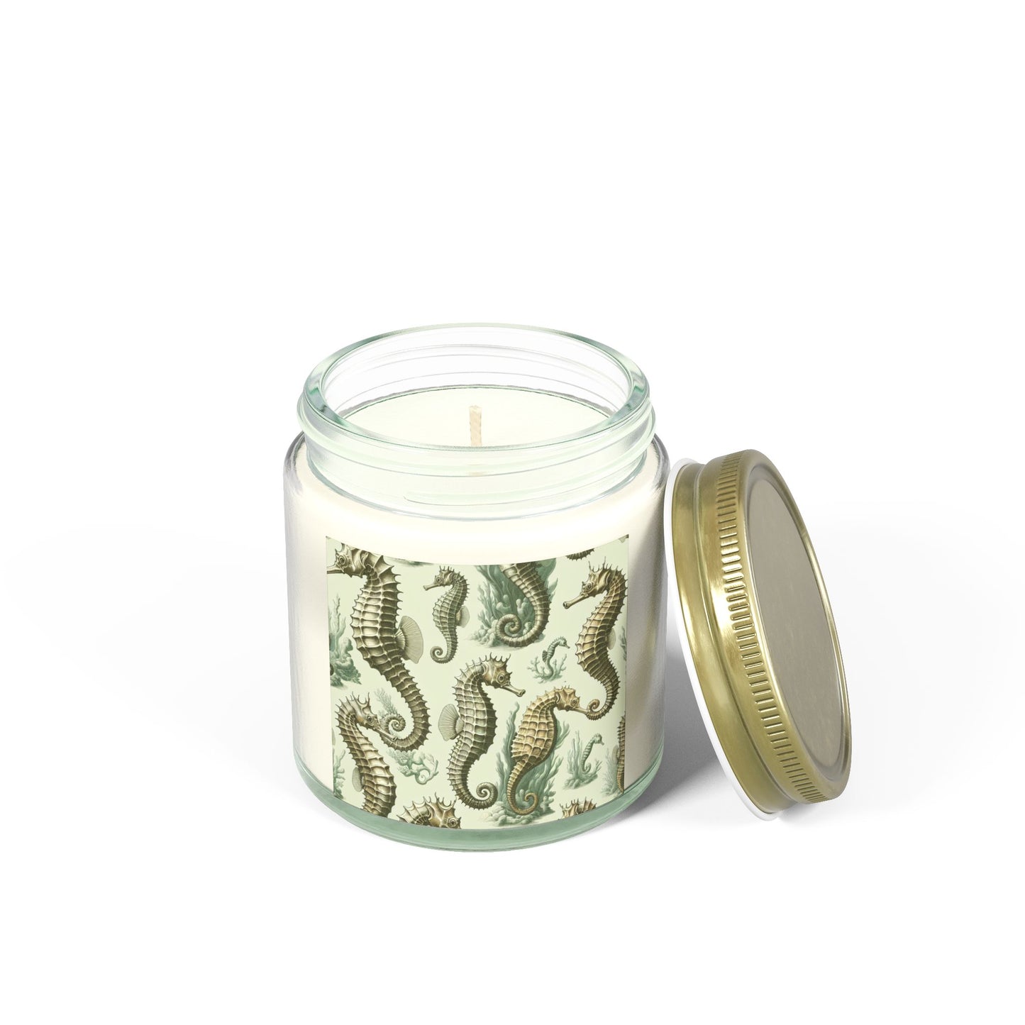 Tropical Green Toile Seahorses Scented Candles - Coconut Apricot Wax (4oz, 9oz)